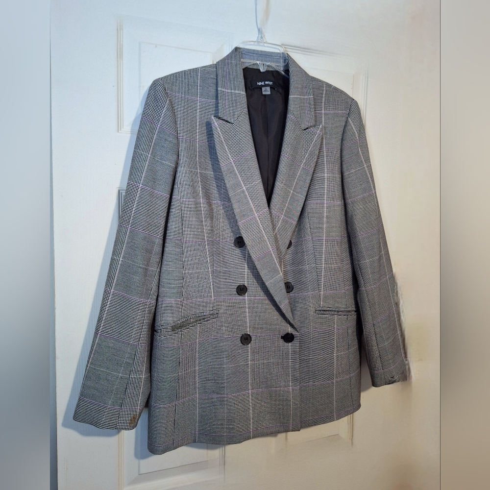 'Nine West' tailored blazer jacket black, gray & pink pinstriped plaid, Sz. 12